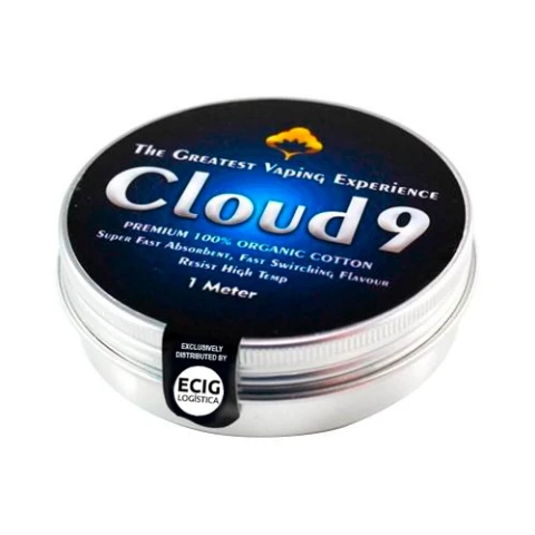 Lata redonda plateada de Cloud 9 Cotton, con tapa negra y azul rotulada «100% organic cotton» y «1 Meter».