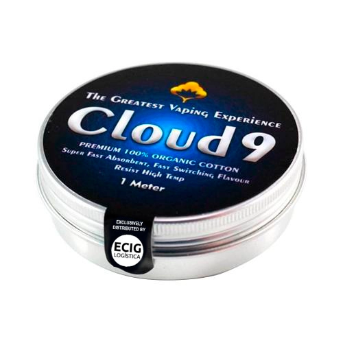 Lata redonda plateada de Cloud 9 Cotton, con tapa negra y azul rotulada «100% organic cotton» y «1 Meter».