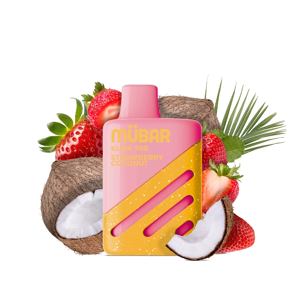 Vaper Mübar Kuba 700 Strawberry Coconut rosa y amarillo, con ranuras diagonales, rodeado de fresas, cocos abiertos y hojas.