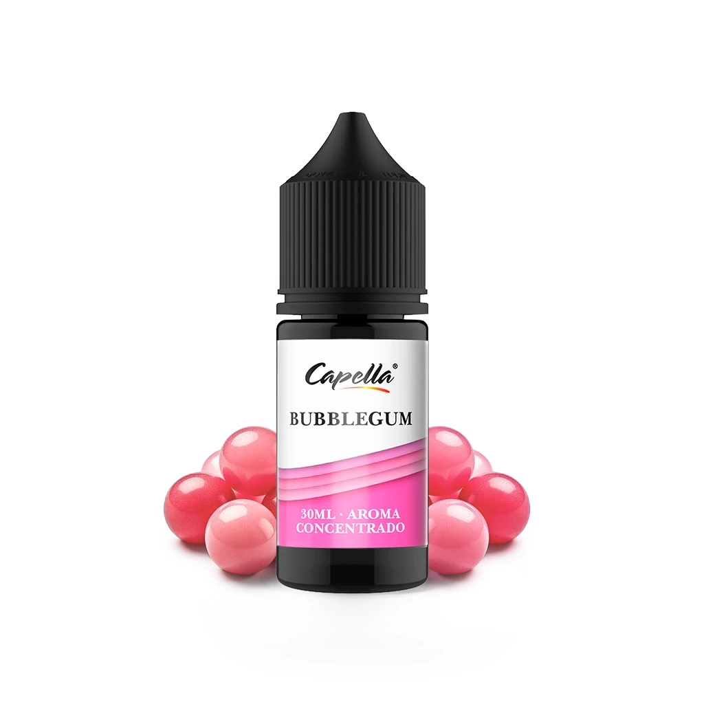 Frasco negro de aroma Capella Bubblegum de 30 ml, con tapón estriado y etiqueta blanca y rosa, rodeado de bolas de chicle rosas.