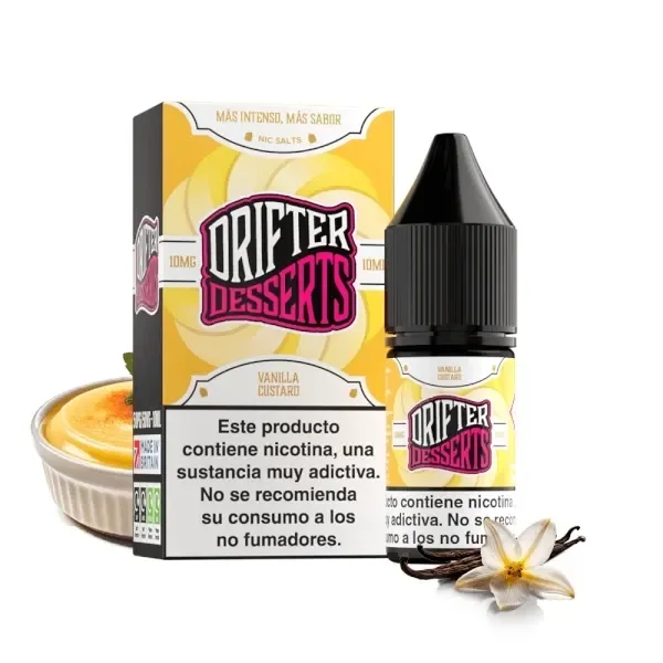Frasco y caja amarilla de Drifter Desserts Vanilla Custard, con advertencia sobre nicotina, junto a un postre y una flor de vainilla.