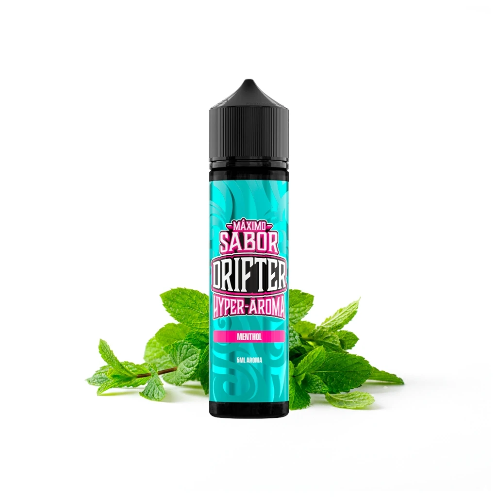 Frasco Drifter Hyper Menthol de 5 ml con etiqueta turquesa y rosa y tapón negro, delante de hojas verdes sobre fondo blanco.