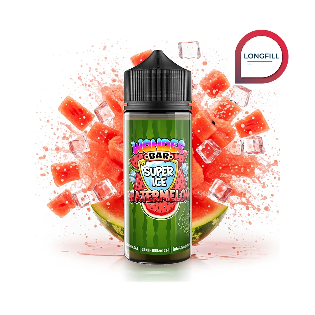 Bote Wonder Bar Super Ice Watermelon con tapón negro y etiqueta verde, rodeado de trozos de sandía y cubitos de hielo.