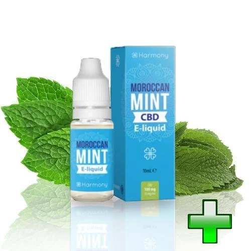Frasco de e-líquido CBD Moroccan Mint de Harmony junto a su caja azul, con hojas de menta y una cruz verde en la esquina inferior.