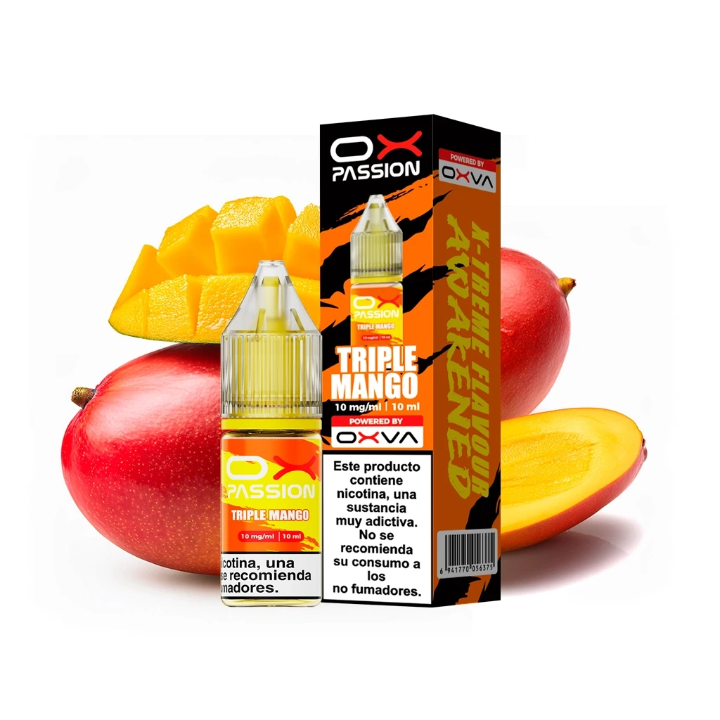 Frasco y caja de Ox Passion Triple Mango de 10 ml y 10 mg/ml, con mangos enteros y cortados y advertencia sobre la nicotina.