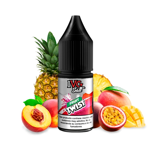 Frasco de IVG Salts Fruit Twist con tapón negro, rodeado de piña, melocotón, mango y maracuyá sobre fondo blanco.