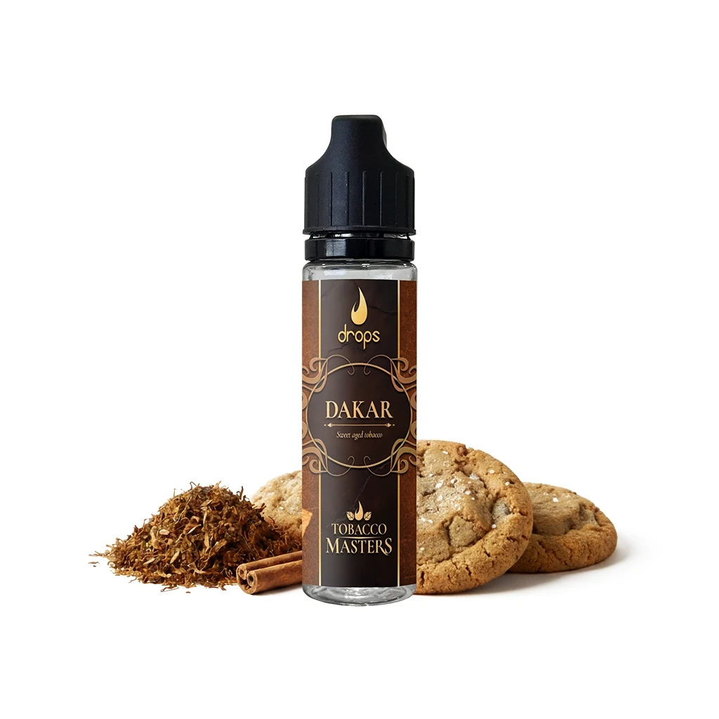 Frasco de Drops Tobacco Masters Dakar con tapón negro y etiqueta marrón, acompañado de galletas, tabaco suelto y una rama de canela.