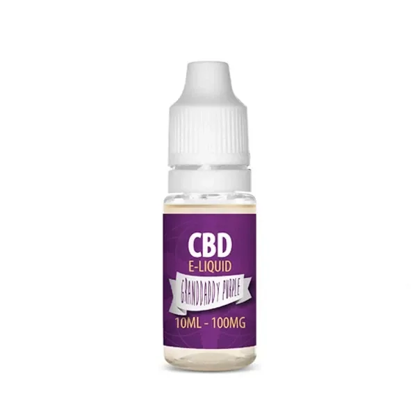 Frasco de CBD E-Liquid Grandaddy Purple con tapón blanco y etiqueta morada que indica 10 ml y 100 mg, sobre fondo blanco.