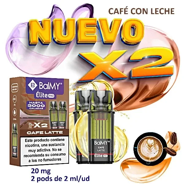 Pods BALMY ÉLITE PRO Café Latte junto a su caja y una taza de café; el anuncio indica 20 mg y dos pods de 2 ml cada uno.