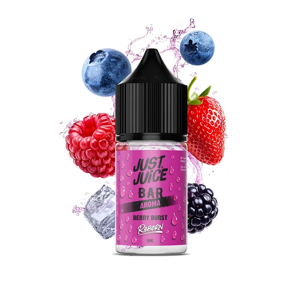 Frasco Just Juice Reborn Berry Burst de 6 ml con etiqueta rosa y tapón negro, rodeado de frutos rojos, arándanos y hielo.