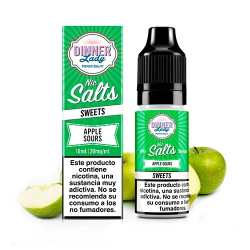 Frasco y caja verdes de Dinner Lady Apple Sours Nic Salt, con tapón negro, advertencia de nicotina y manzanas verdes alrededor.