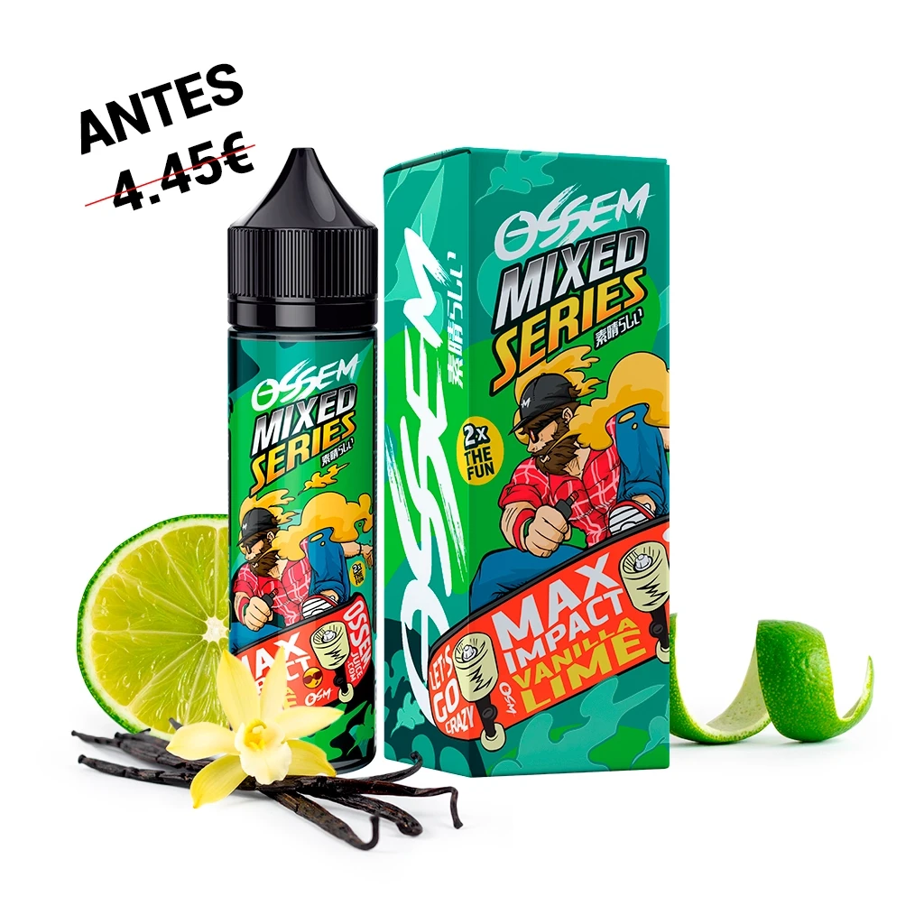 Frasco y caja de Ossem Max Impact Vanilla Lime con diseño verde de un patinador, acompañados de lima, vainas y una flor de vainilla.