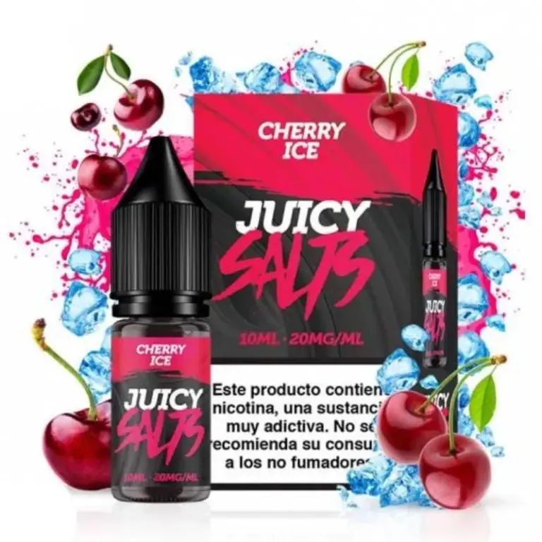 Frasco y caja de Cherry Ice de Juicy Salts, con diseño negro y fucsia, rodeados de cerezas y cubitos de hielo.