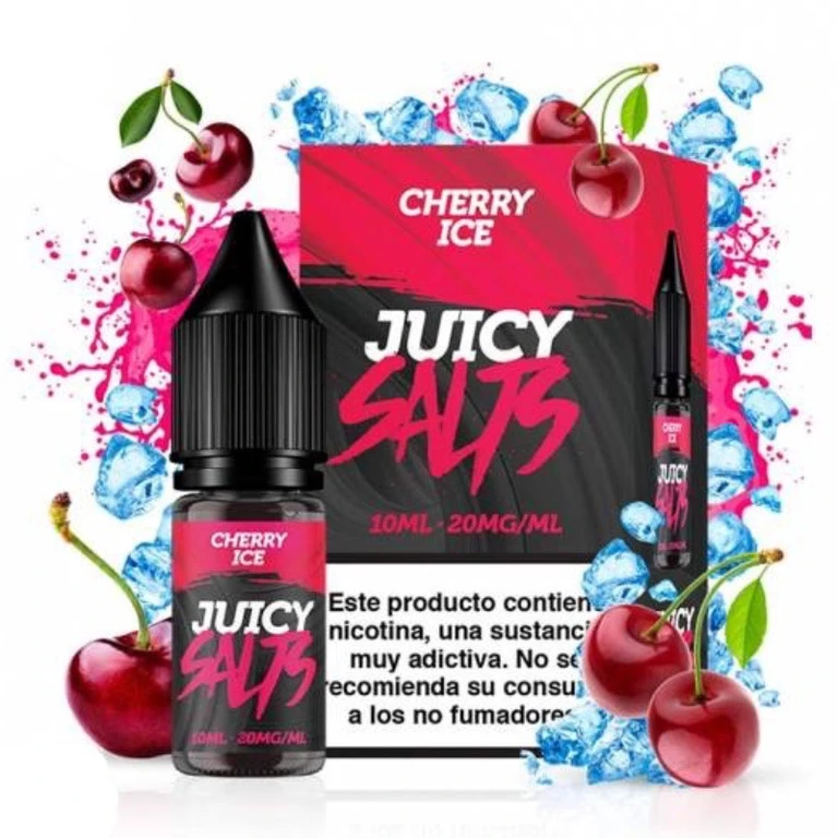 Frasco y caja de Cherry Ice de Juicy Salts, con diseño negro y fucsia, rodeados de cerezas y cubitos de hielo.