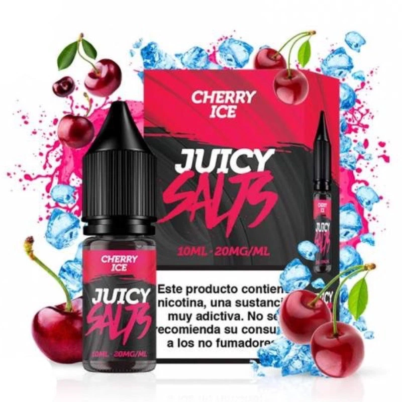Frasco y caja de Cherry Ice de Juicy Salts, con diseño negro y fucsia, rodeados de cerezas y cubitos de hielo.