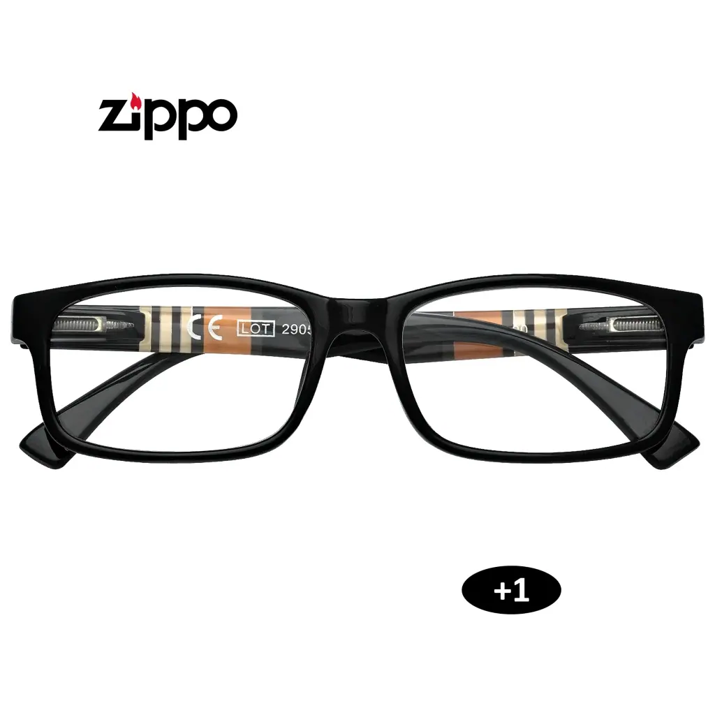 Gafas de lectura Zippo de montura negra rectangular, vistas de frente con las patillas plegadas y el indicador +1.