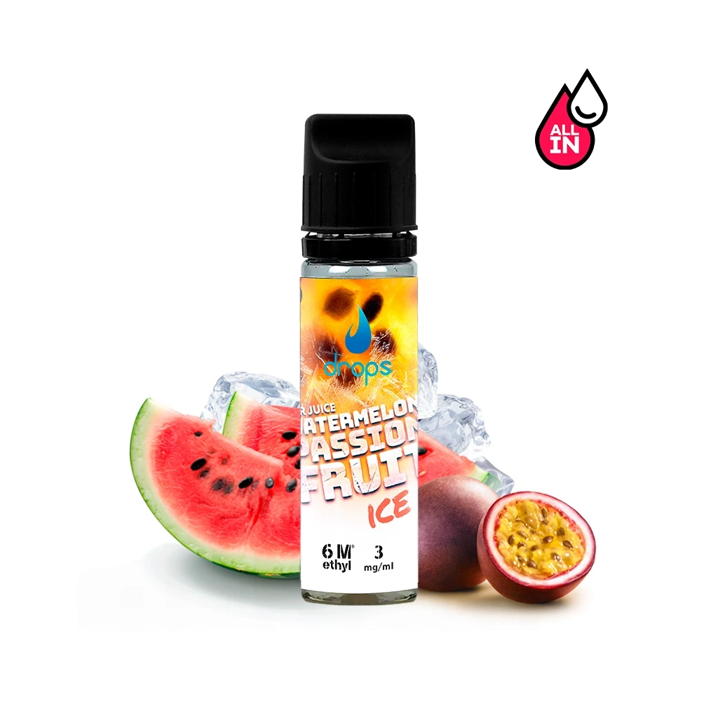 Frasco Drops Watermelon Passion Fruit Ice con tapón negro, junto a rodajas de sandía, maracuyá y cubitos de hielo.