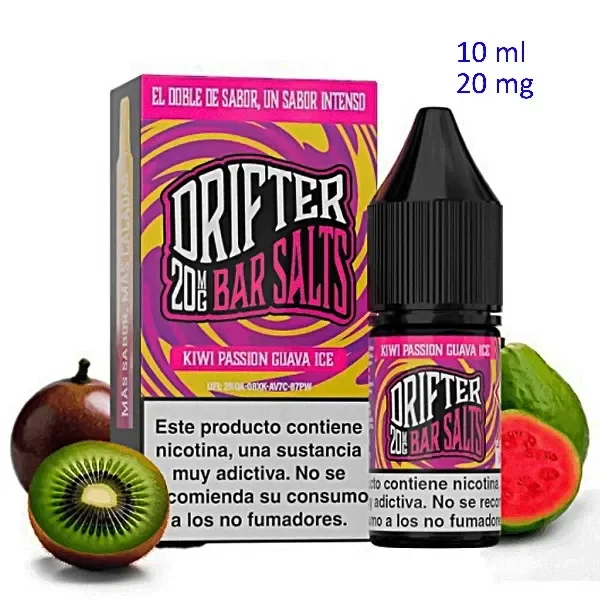 Frasco y caja de Drifter Bar Salts Kiwi Passion Guava Ice, con diseño fucsia y amarillo, junto a kiwi, maracuyá y guayaba.