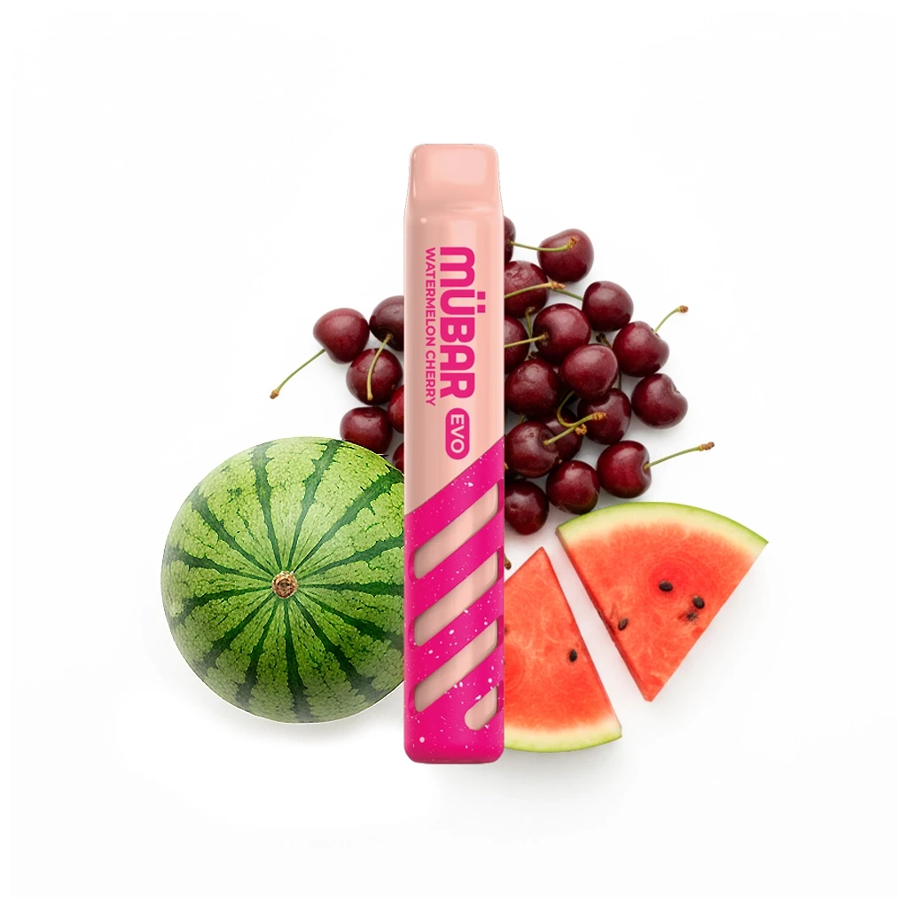 Vaper Mübar Evo Watermelon Cherry en rosa y fucsia, colocado en vertical ante cerezas, una sandía entera y tajadas.