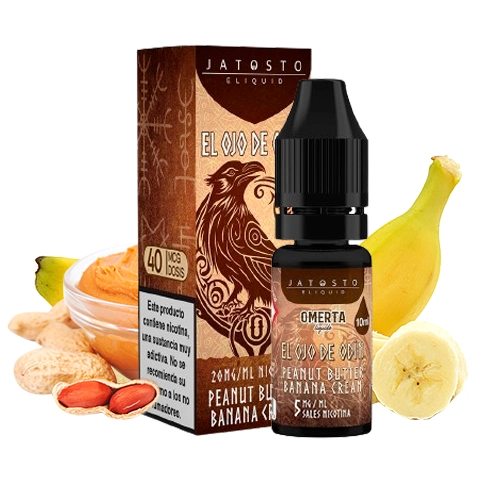 Frasco y caja marrones de Jatosto Salts El Ojo de Odín, con un cuervo ilustrado, junto a plátano, cacahuetes y crema de cacahuete.