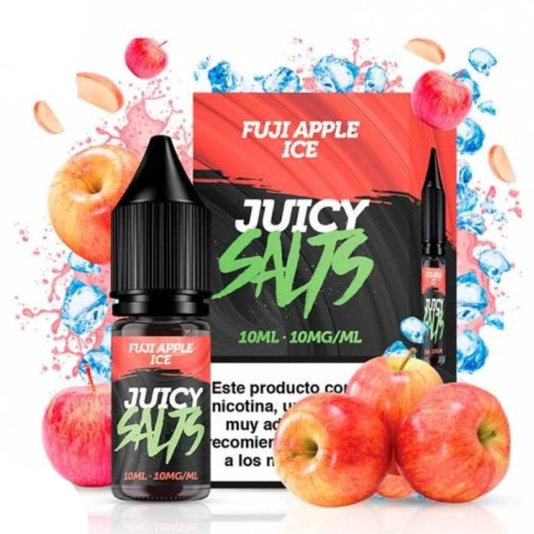 Frasco y caja de Juicy Salts Fuji Apple Ice, con rótulo de 10 ml y 10 mg/ml, rodeados de manzanas rojas y cubitos de hielo azules.