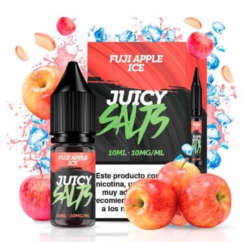 Frasco y caja de Juicy Salts Fuji Apple Ice, con rótulo de 10 ml y 10 mg/ml, rodeados de manzanas rojas y cubitos de hielo azules.
