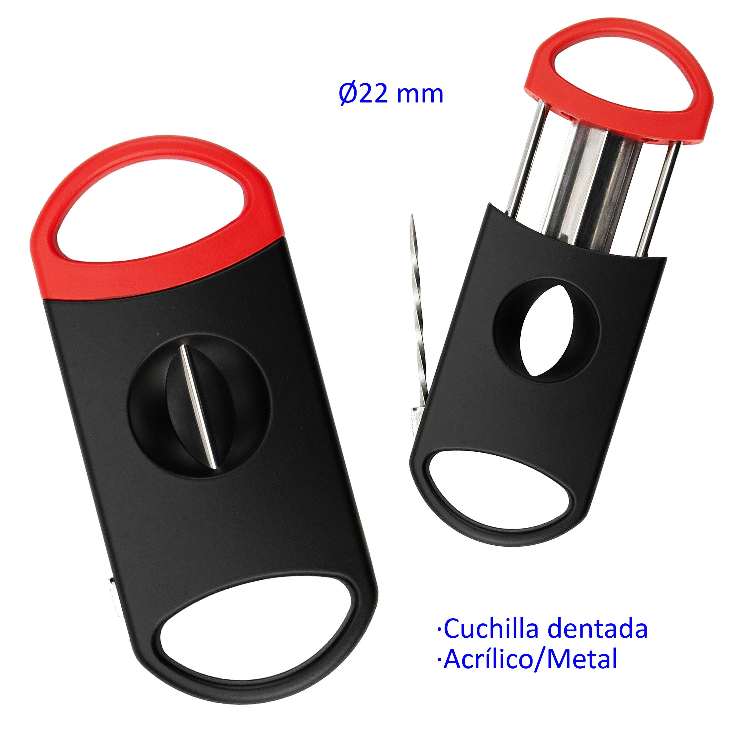 Cortapuros negro con agarre rojo y abertura de 22 mm, mostrado cerrado y abierto para apreciar la cuchilla y las guías metálicas.