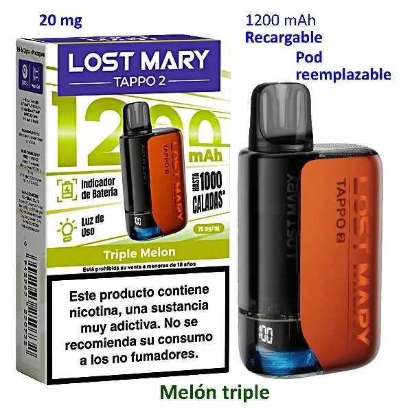 Kit Lost Mary TAPPO 2 Triple Melon con dispositivo negro y naranja junto a su caja, que indica 20 mg y batería de 1200 mAh.