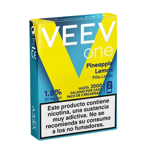 Caja amarilla y turquesa de VEEV One Piña Limón, con indicación de dos recargas y advertencia sobre la nicotina en el frontal.