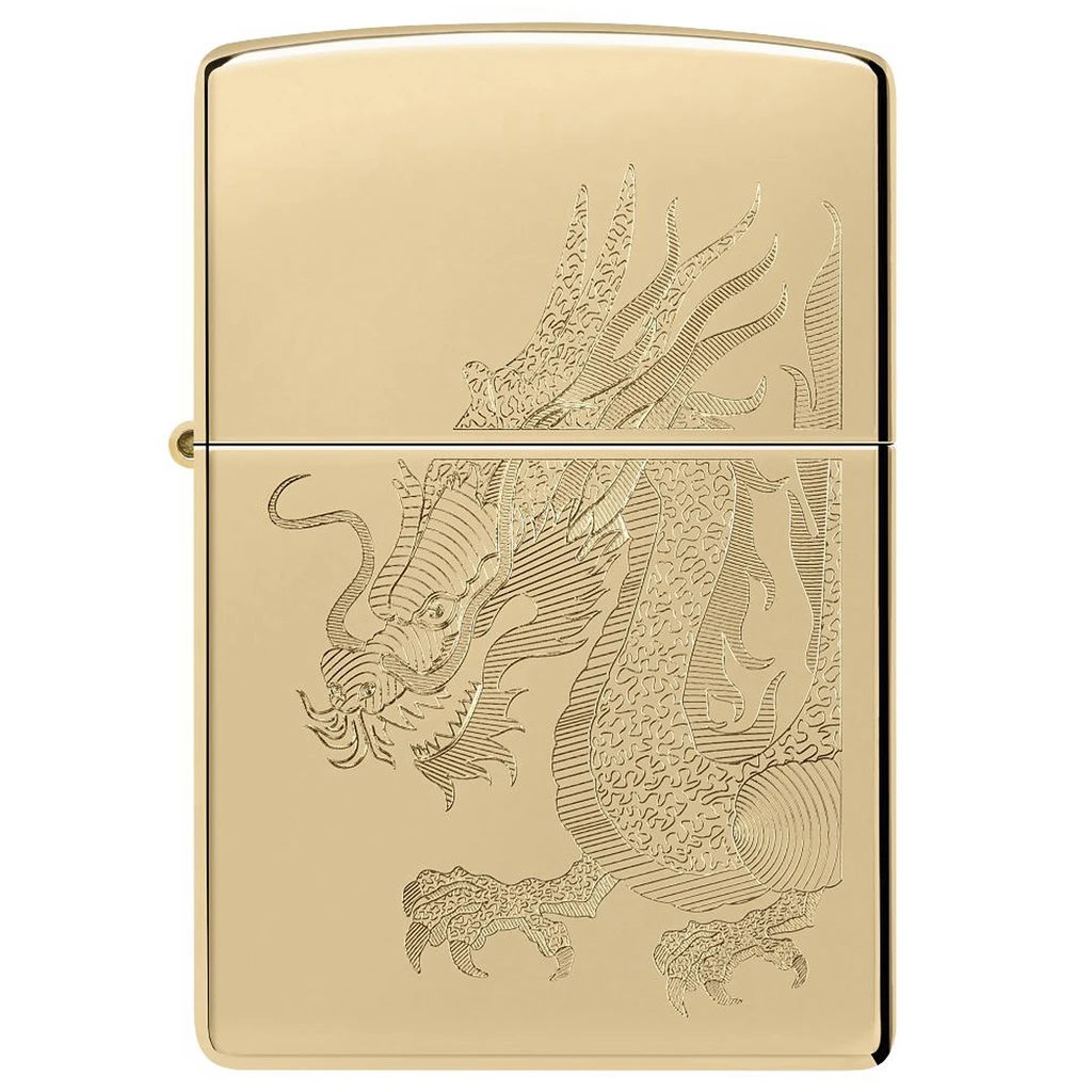 Encendedor Zippo 254B Dragon Design cerrado, de acabado dorado con un dragón grabado que se extiende por la tapa y el cuerpo.