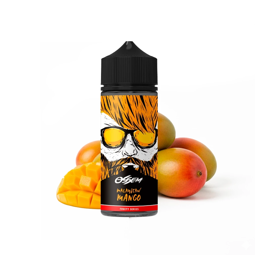 Bote Ossem Malaysian Mango con tapón negro y etiqueta de un rostro con gafas amarillas, rodeado de mangos enteros y cortados.