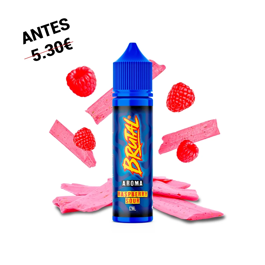 Bote azul de Brutal Raspberry Sour Longfill de 12 ml, rodeado de frambuesas y tiras rosas sobre fondo blanco.