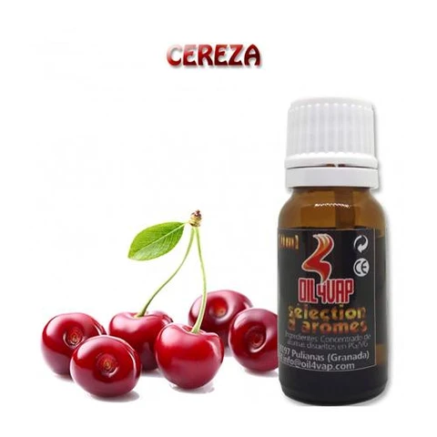 Frasco de Oil4Vap Aroma Cereza con tapón blanco y etiqueta negra, junto a varias cerezas rojas sobre fondo blanco.