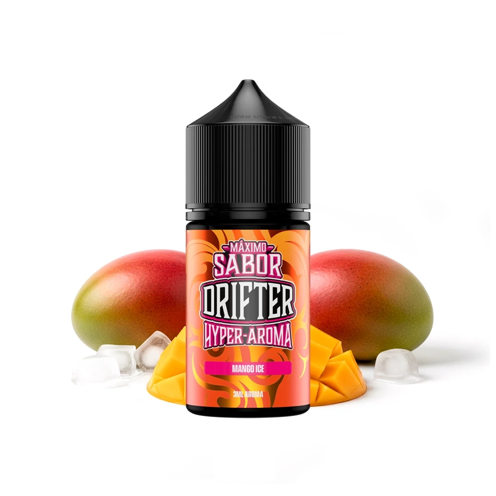 Frasco de Drifter Hyper Mango Ice con tapón negro y etiqueta naranja, rodeado de mangos enteros, trozos de mango y hielo.