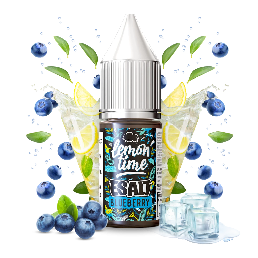 Frasco de Lemon Time Blueberry E-salt con tapón blanco, rodeado de arándanos, limones, hojas verdes y cubitos de hielo sobre fondo negro.