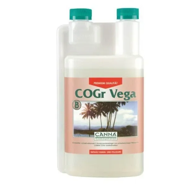 Envase de COGr Vega B de Canna con asa lateral, dos tapones verdes y etiqueta de tono salmón con palmeras, sobre fondo blanco.