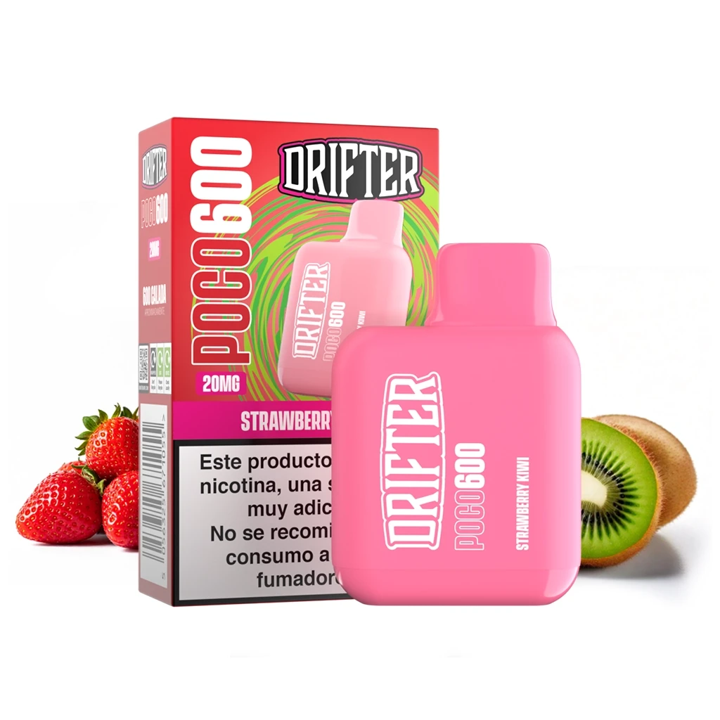 Vapeador rosa Drifter Poco 600 Strawberry Kiwi junto a su caja, con fresas y un kiwi cortado sobre fondo blanco.