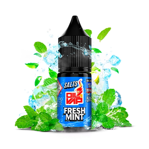 Frasco de Oil4Vap Salts Fresh Mint con tapón negro y etiqueta azul, rodeado de hojas de menta, hielo y salpicaduras de agua.