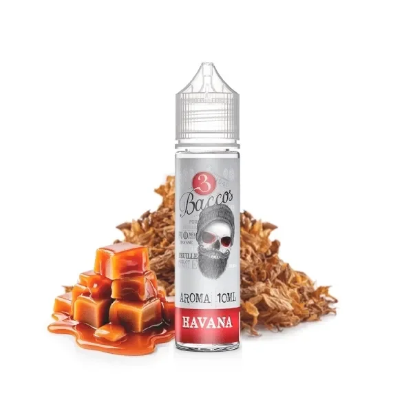 Bote 3 Baccos Havana de 10 ml con tapón transparente y etiqueta de calavera, junto a hojas de tabaco y cubos de caramelo.