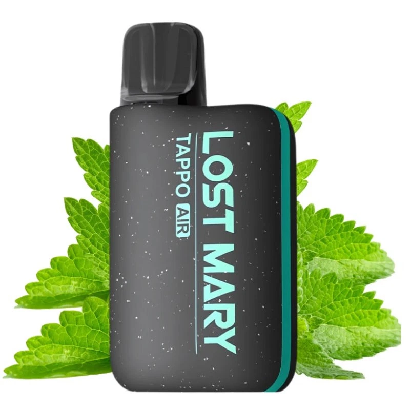 Dispositivo Lost Mary negro moteado con borde y letras verde menta, inscripción Tappo Air y boquilla oscura, ante hojas verdes.