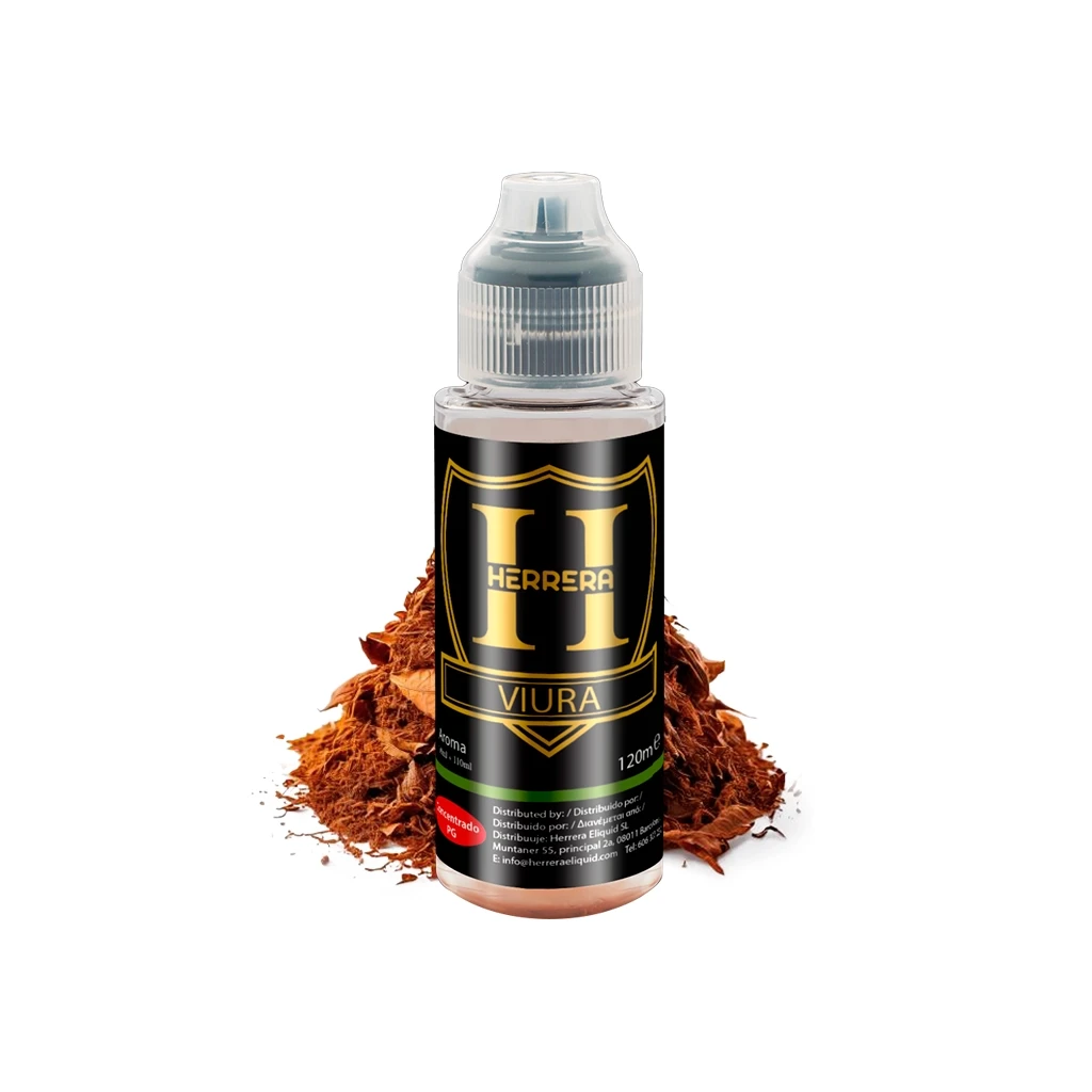 Frasco Herrera Viura con tapón translúcido y etiqueta negra y dorada marcada 120 ml, delante de un montón de hebras marrones.