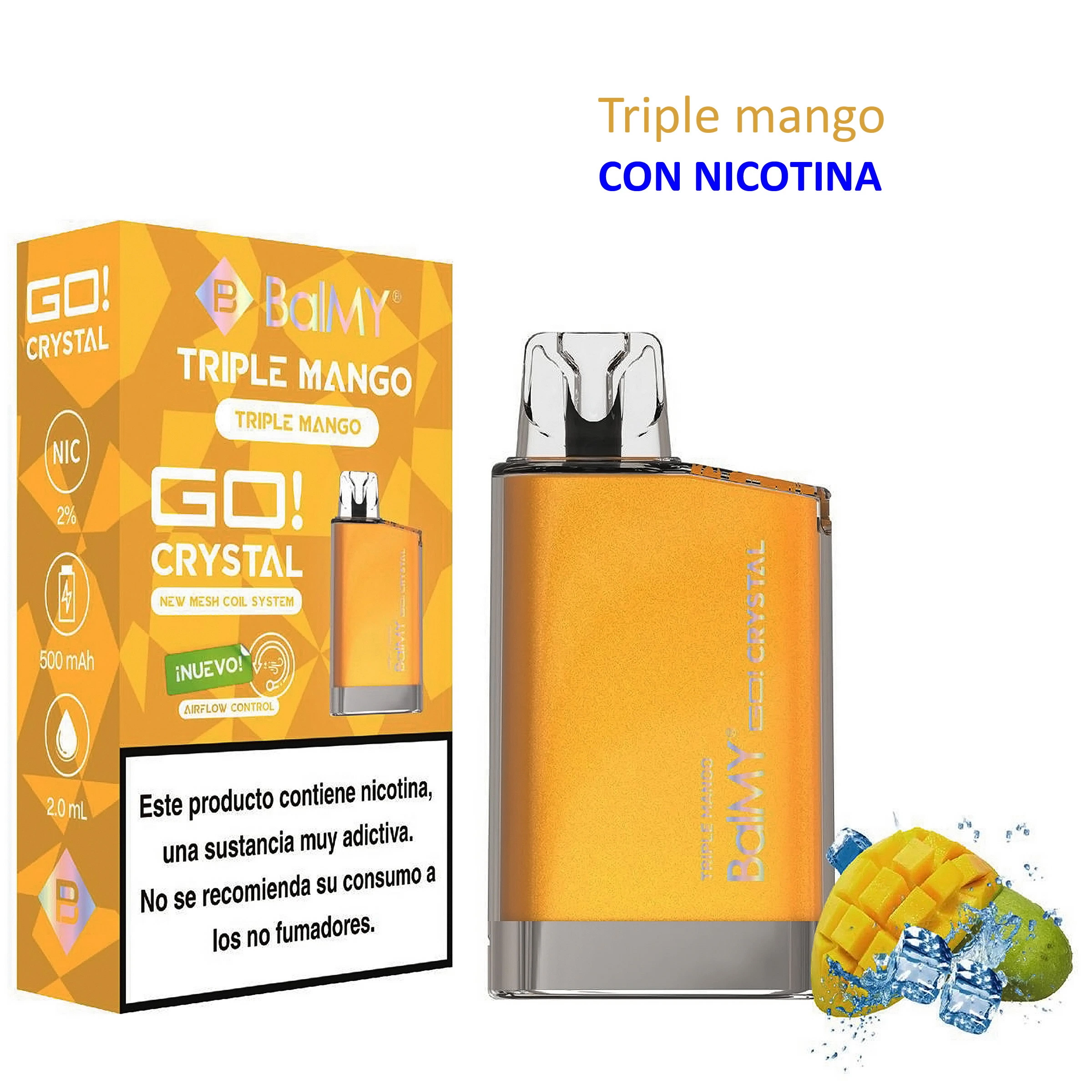 Vaper naranja Balmy GO Crystal Triple Mango junto a su caja, con aviso de nicotina y una composición de mango, hielo y agua.