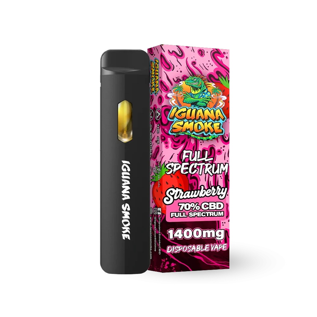 Vape negro Iguana Smoke junto a su caja rosa Strawberry, rotulada Full Spectrum, 70 % CBD y 1400 mg, sobre fondo negro.