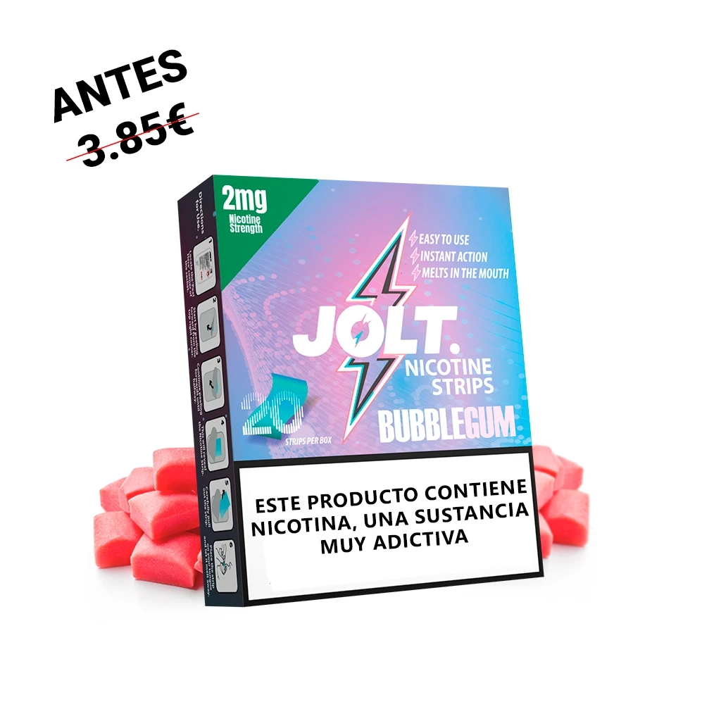 Caja de láminas de nicotina Jolt Bubblegum de 2 mg, en tonos rosa y azul, con advertencia sobre adicción y chicles rosas alrededor.