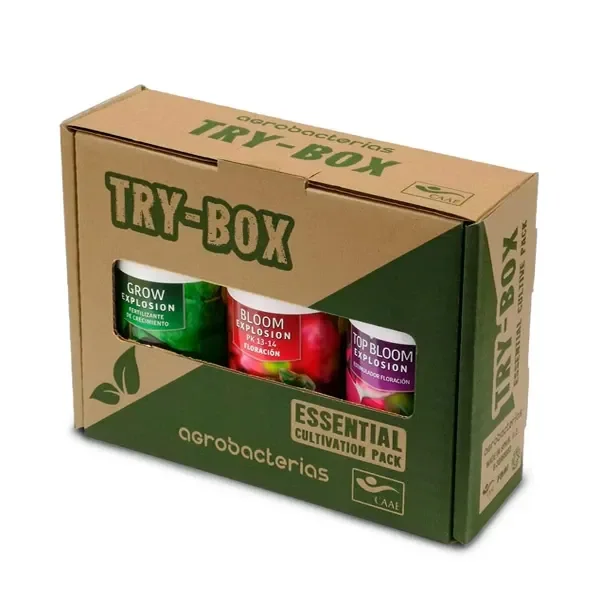Caja marrón y verde TryBox Essential Cultivation Pack de Agrobacterias, con ventana que muestra botes Grow, Bloom y Top Bloom Explosion.