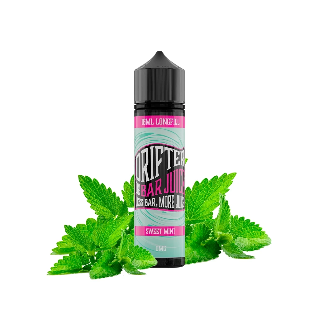 Frasco Drifter Bar Sweet Mint Longfill con tapón negro y etiqueta turquesa y rosa, rodeado de hojas de menta sobre fondo blanco.