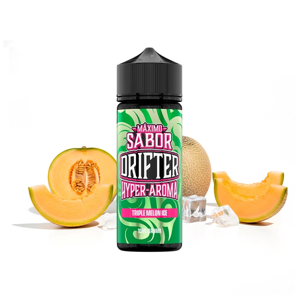 Bote Drifter Hyper Triple Melon Ice con tapón negro y etiqueta verde, rodeado de melón cortado y cubitos de hielo.