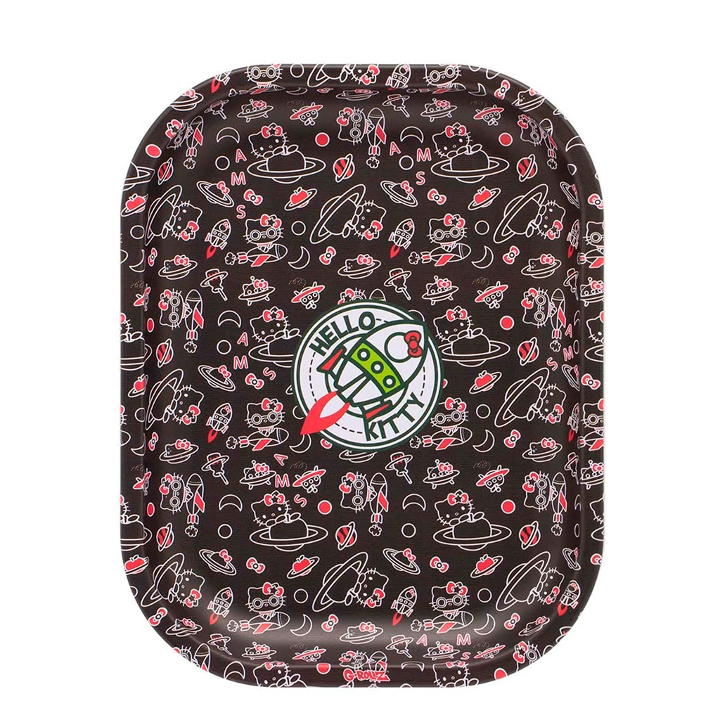 Bandeja G-Rollz Hello Kitty Space negra, con esquinas redondeadas, motivos espaciales y un cohete en el emblema central.