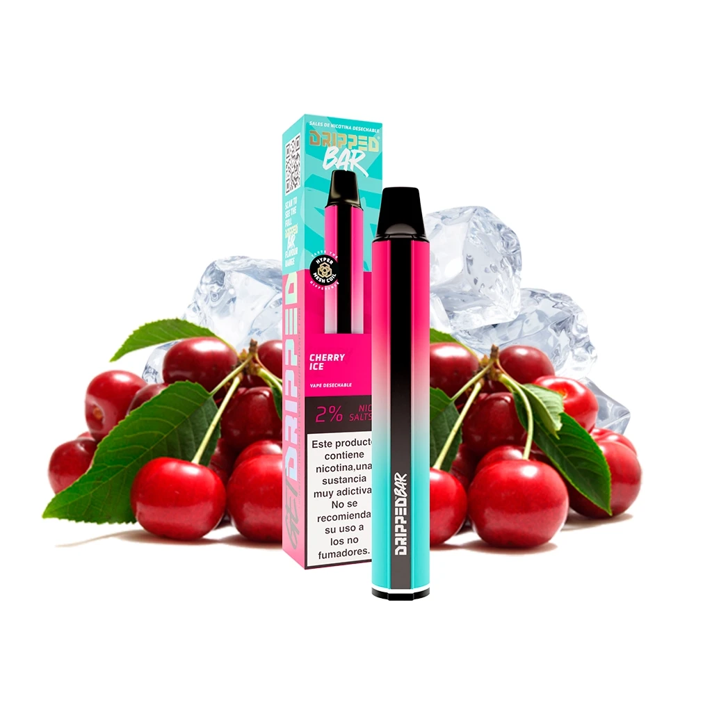 Vaper Dripped Bar Cherry Ice rosa y turquesa con boquilla negra, junto a su caja con indicación del 2 %, cerezas y hielo.