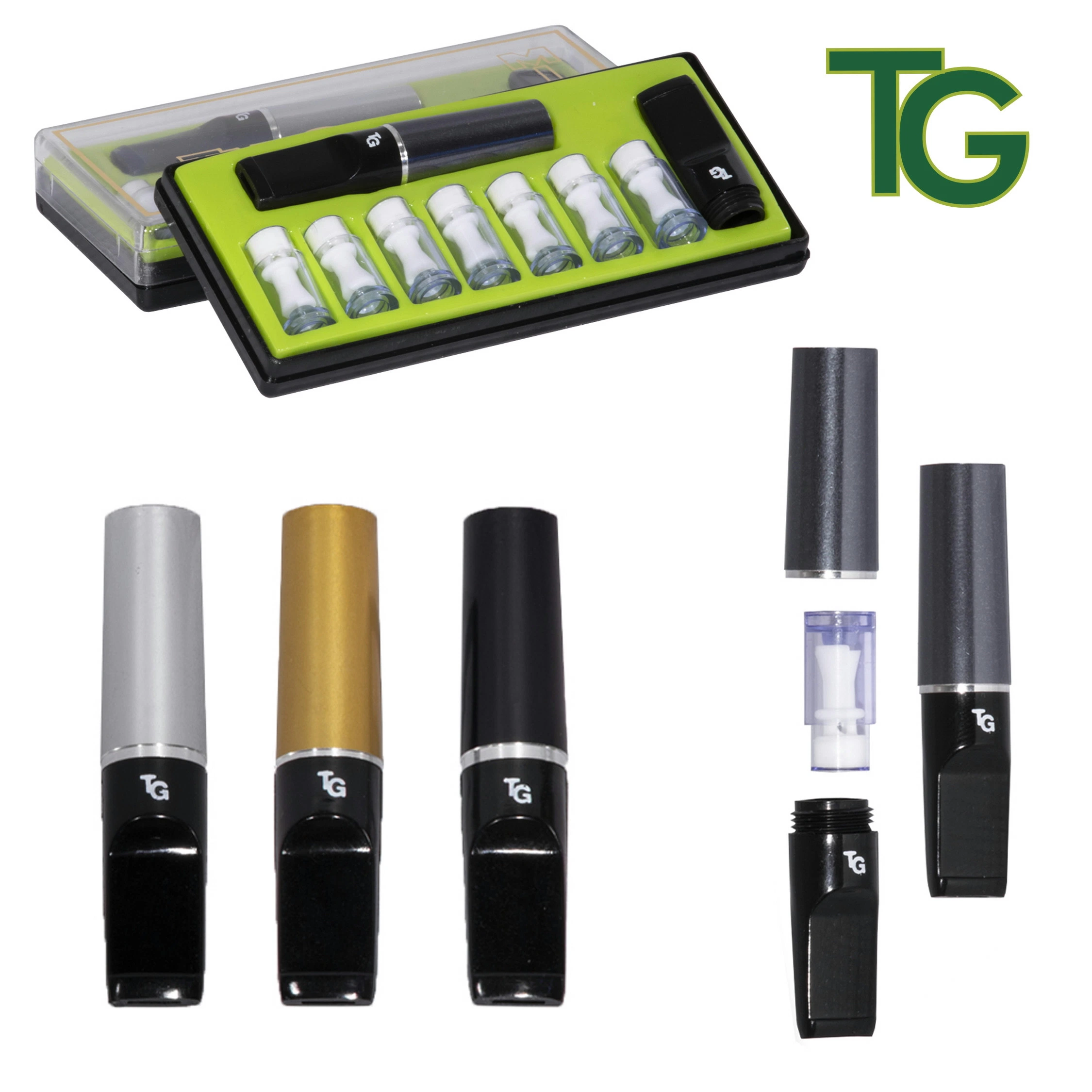 Boquilla Mini TG Tar Gard New en acabados plateado, dorado y negro, con vista desmontada y estuche abierto con recambios. Boquilla Mini TG Tar Gard New en acabados plateado, dorado y negro, con vista desmontada y estuche abierto con recambios.